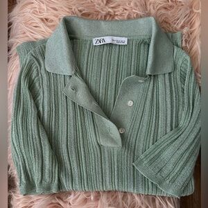 Zara Mint green shimmer metallic knit polo shirt M